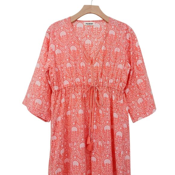 Mandum Maxi Dress Womens Medium Orange Floral Side Slit V-Neck Cotton Bohemian - Picture 2 of 12